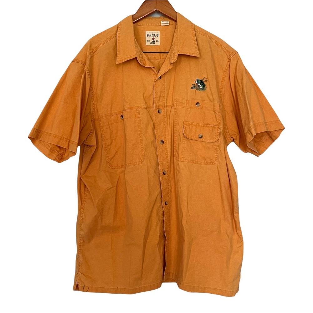 Red Head Fishing Button Down Short Sleeve Shirt Yellow Embroidered Bass MenS 2XL